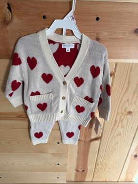 Kids Cream Cardigan & Red Heart Knit Matching Set